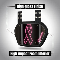 O SHIELD mounted on youth shoulder pads demonstrating secure lower-back coverage