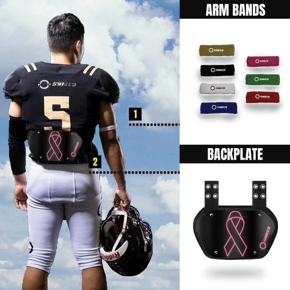 O SHIELD next to a ruler illustrating compact size and fit for youth shoulder pads