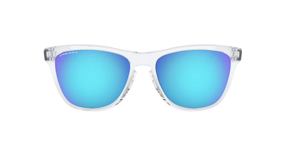 Oakley front view Crystal Clear frame showing square shape and classic look benefit