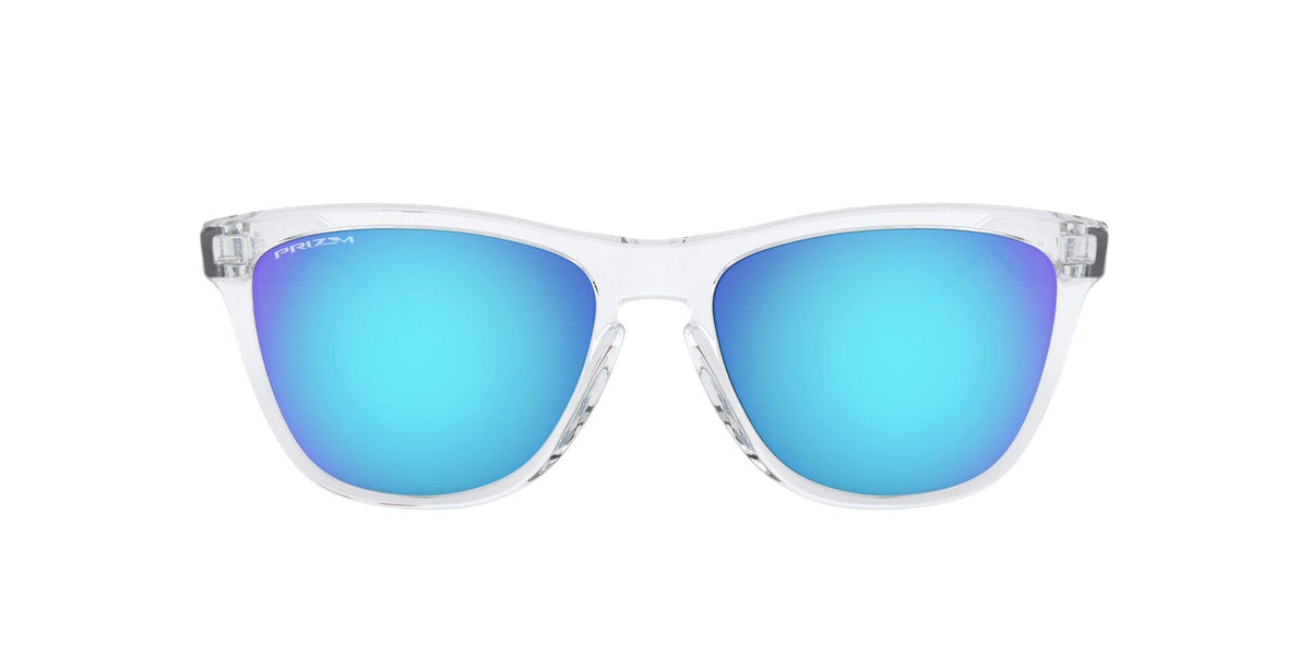 Oakley front view Crystal Clear frame showing square shape and classic look benefit