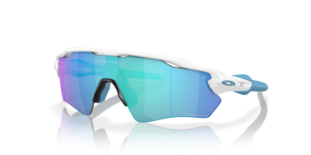 Oakley polished white frame front view showing sporty shield fit and visibility benefit