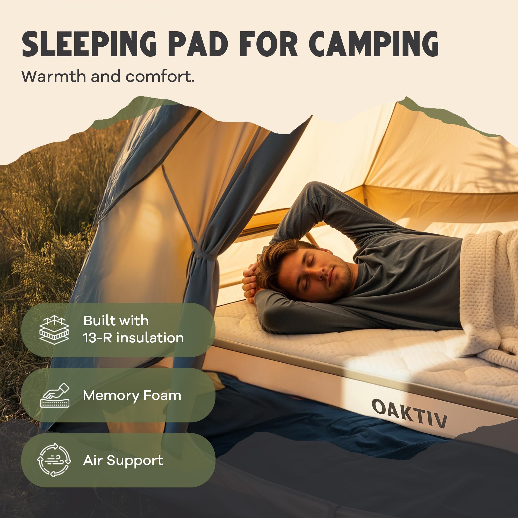 Oaktiv Wandermate placed inside a tent in use, creates cozy and even sleep surface