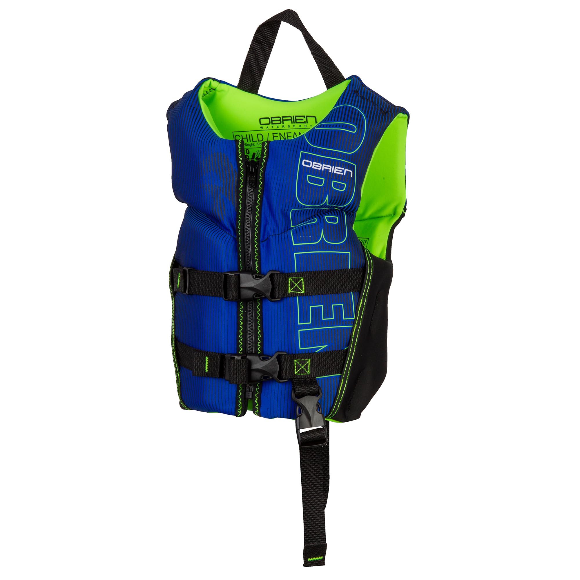 O'Brien child life jacket front view showing secure fit and mobility