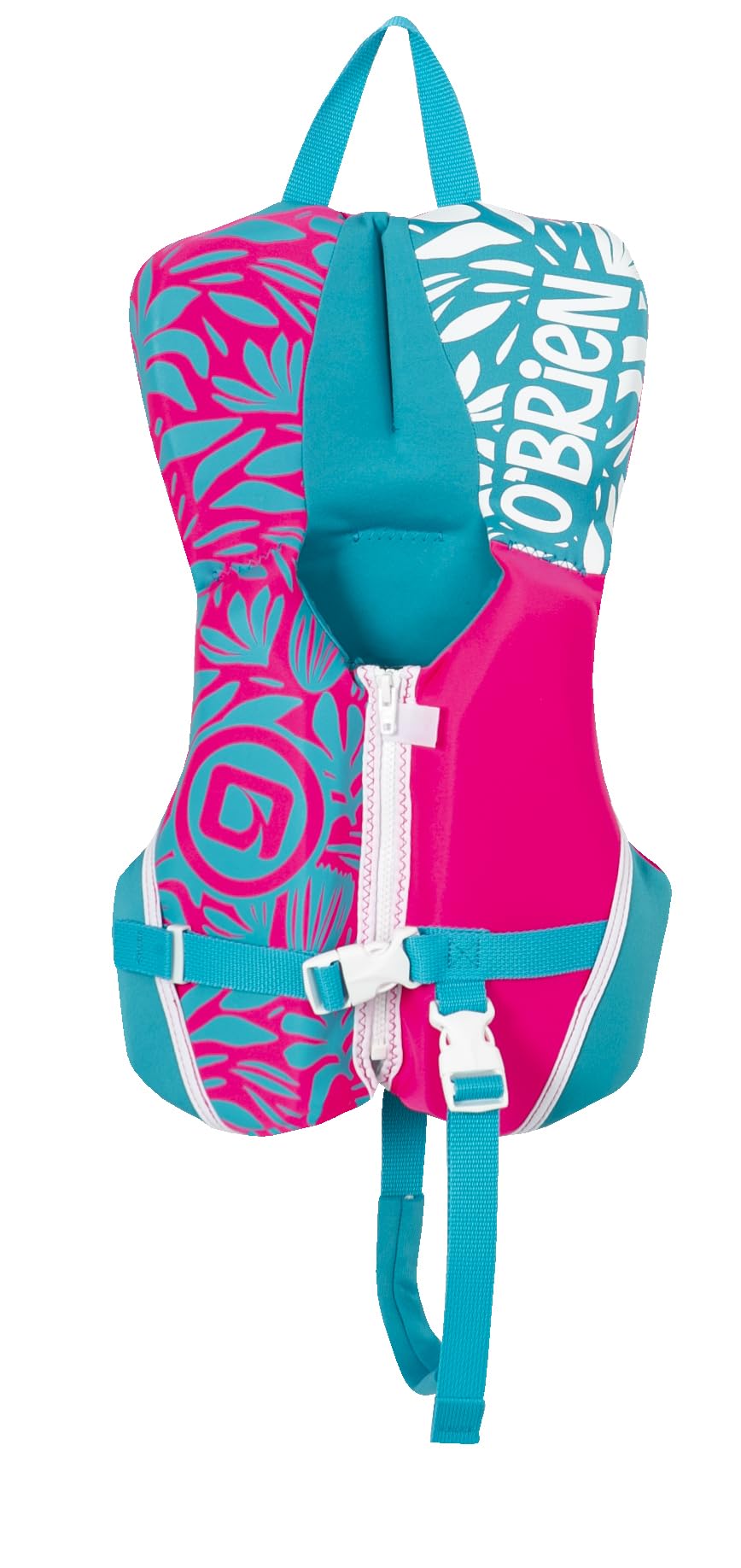 O'Brien infant life jacket front view showing secure fit and easy buckles for safe outings