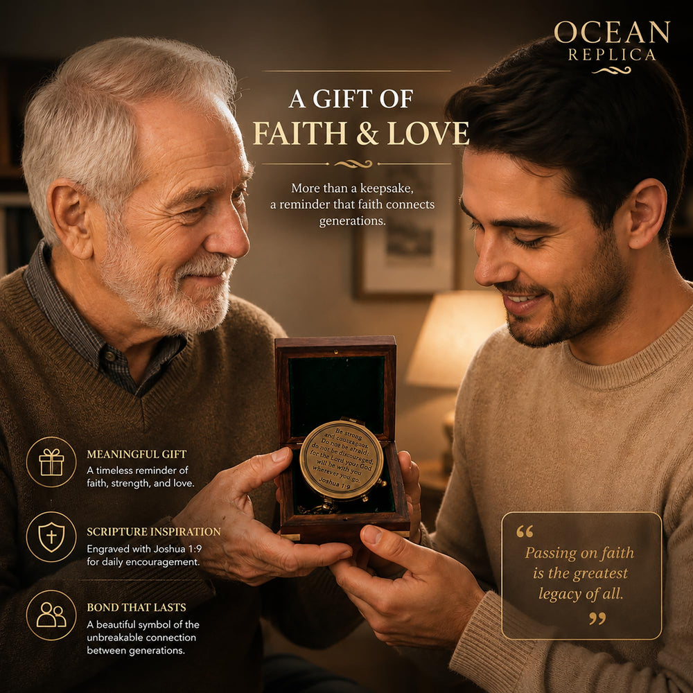 OCEAN REPLICAS compass with 12-inch chain displayed next to ruler for size and scale reference
