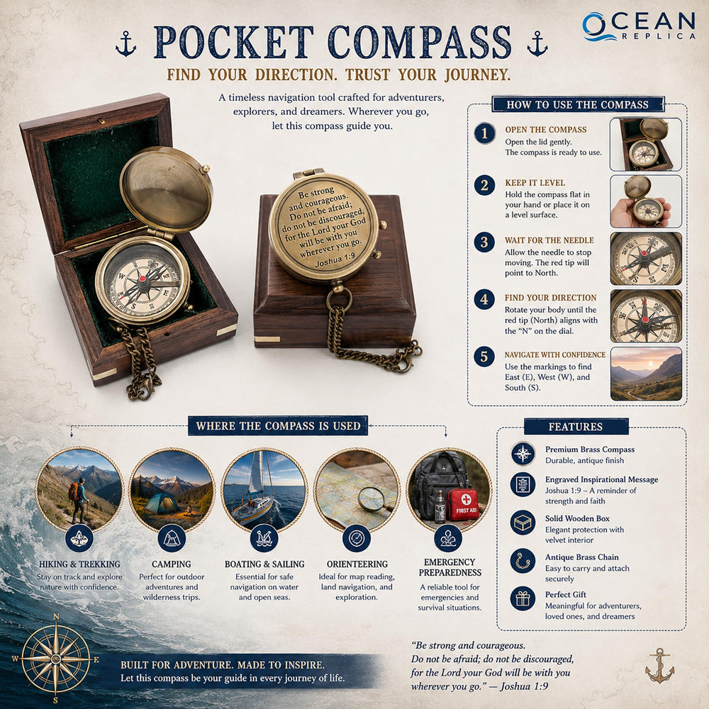 OCEAN REPLICAS compass nestled in wooden box with green silk lining, presentation-ready gift