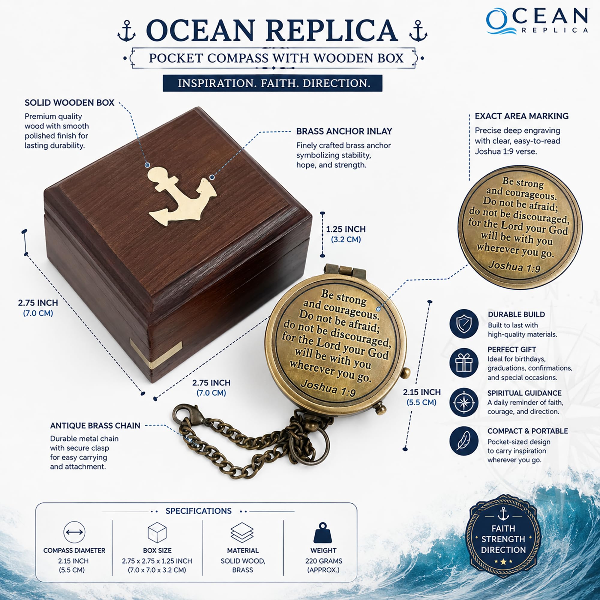 OCEAN REPLICAS compass side profile highlighting brass casing and antique finish for durability