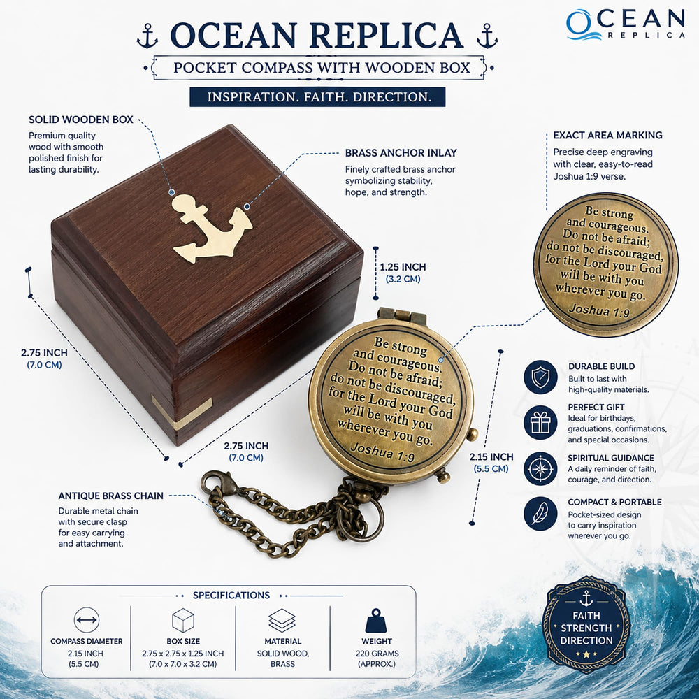 OCEAN REPLICAS compass side profile highlighting brass casing and antique finish for durability