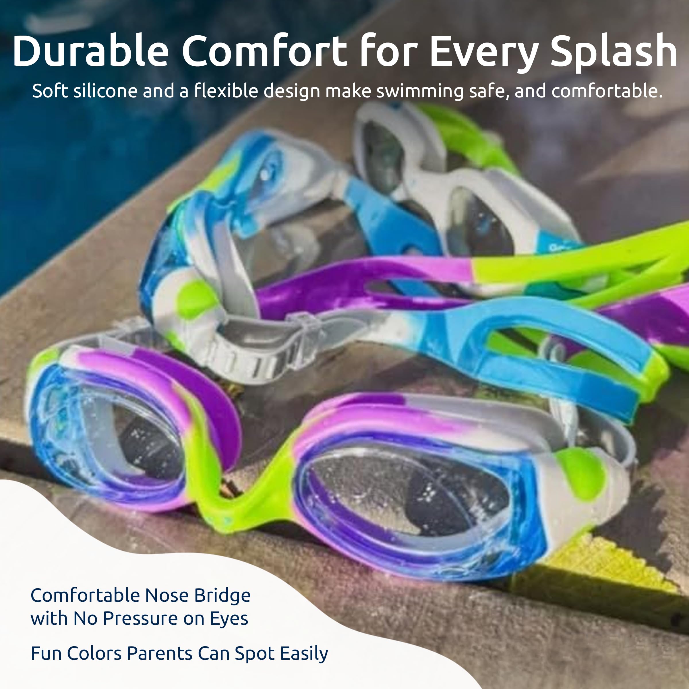 Oceanic child wearing goggles in pool demonstrating stable fit during play
