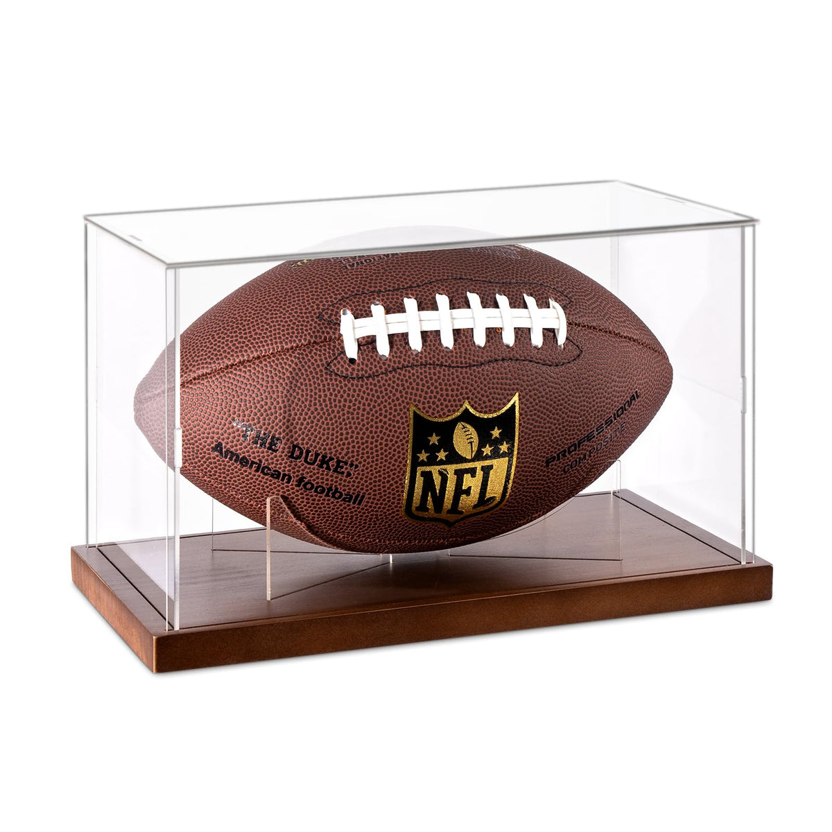 OCTOXEQA front view of clear acrylic case showing full football visibility and protection