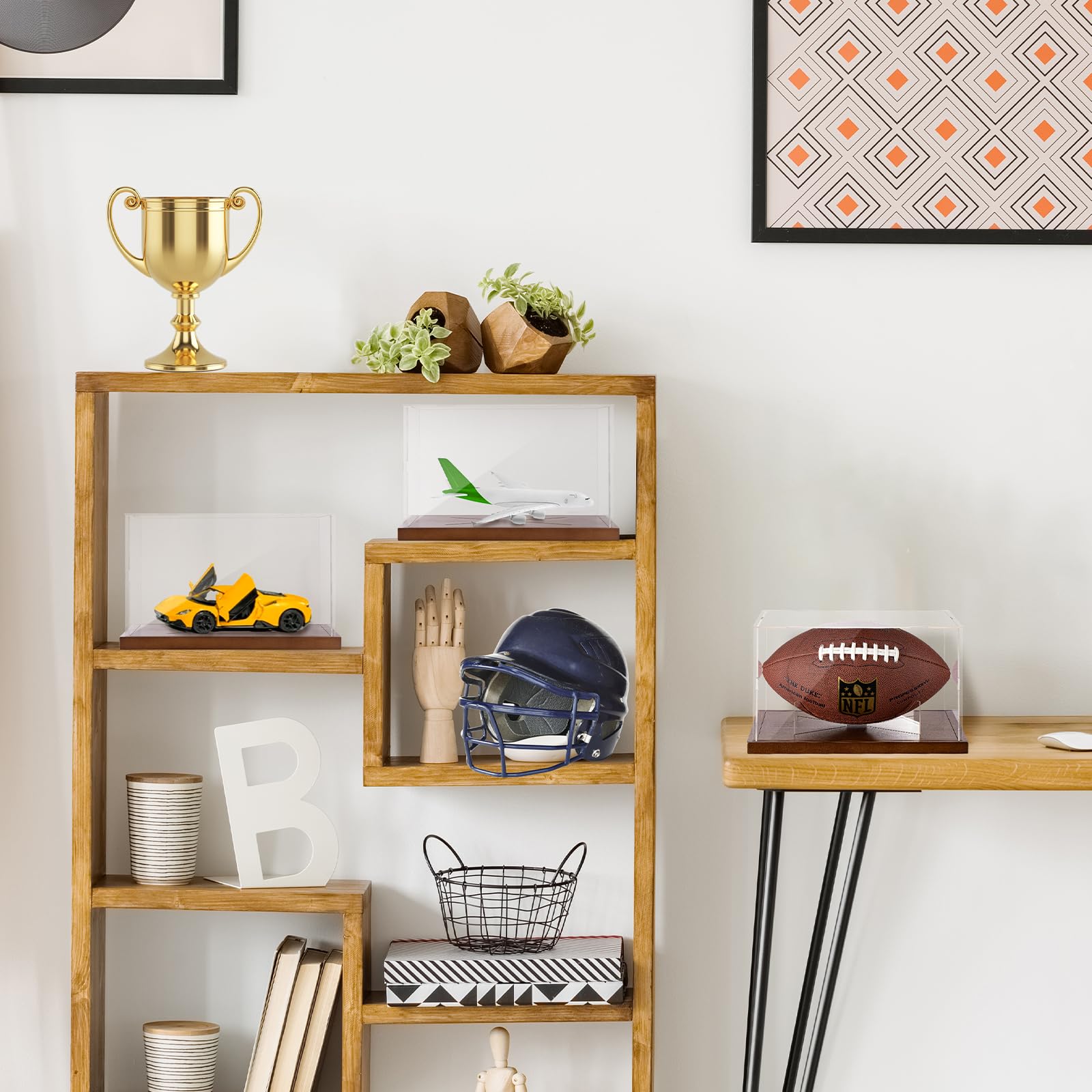 OCTOXEQA case on shelf in living room adding display elegance and dust protection