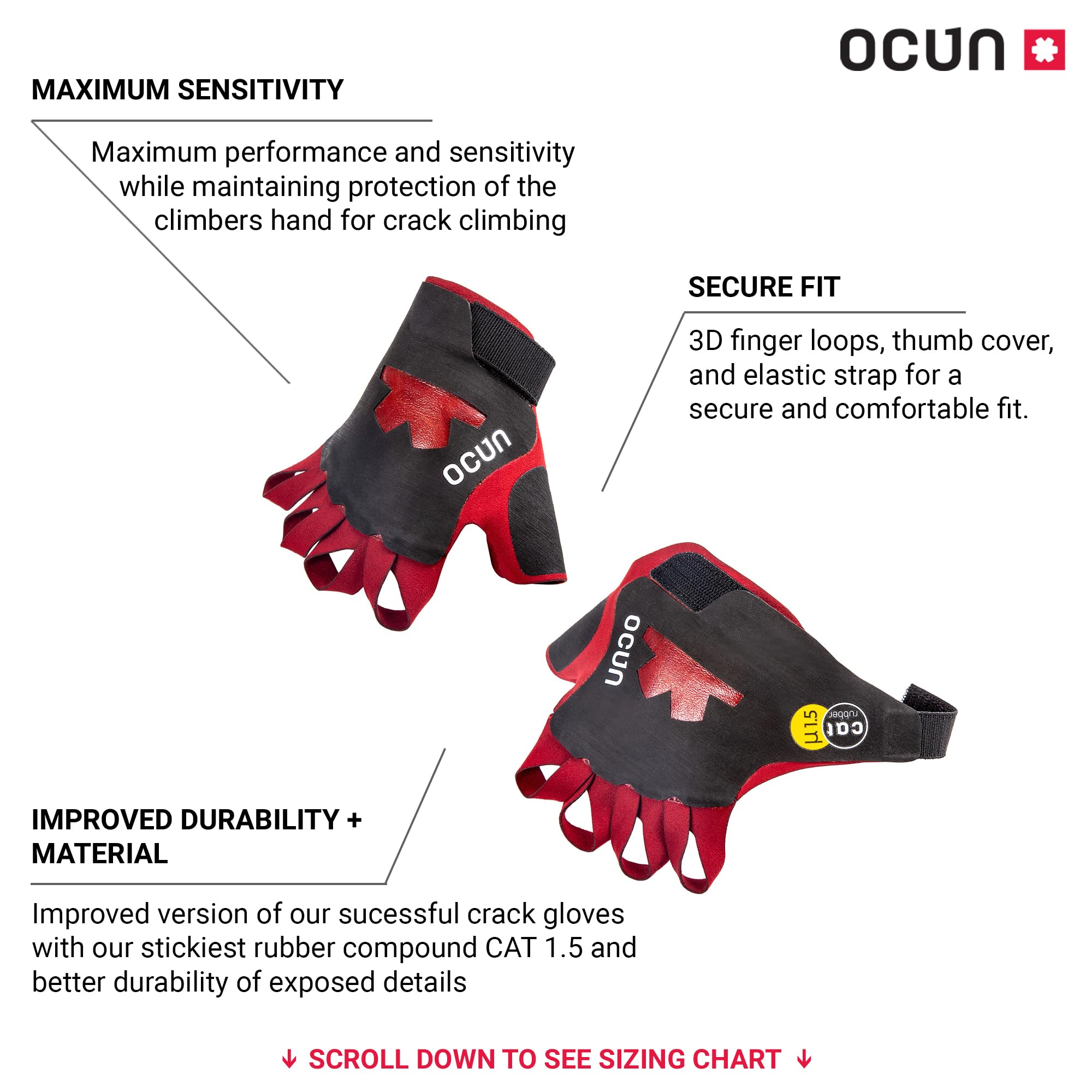 Ocun Crack Gloves Pro close-up of suede and CAT 1.5 rubber for superior grip