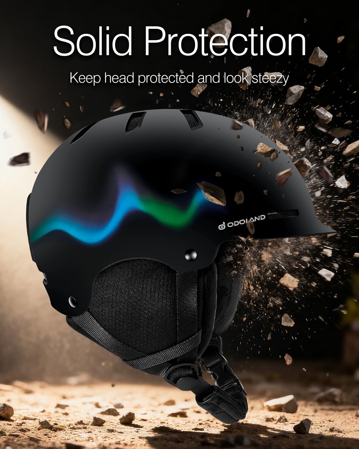 Odoland helmet worn with goggles demonstrating secure goggle compatibility