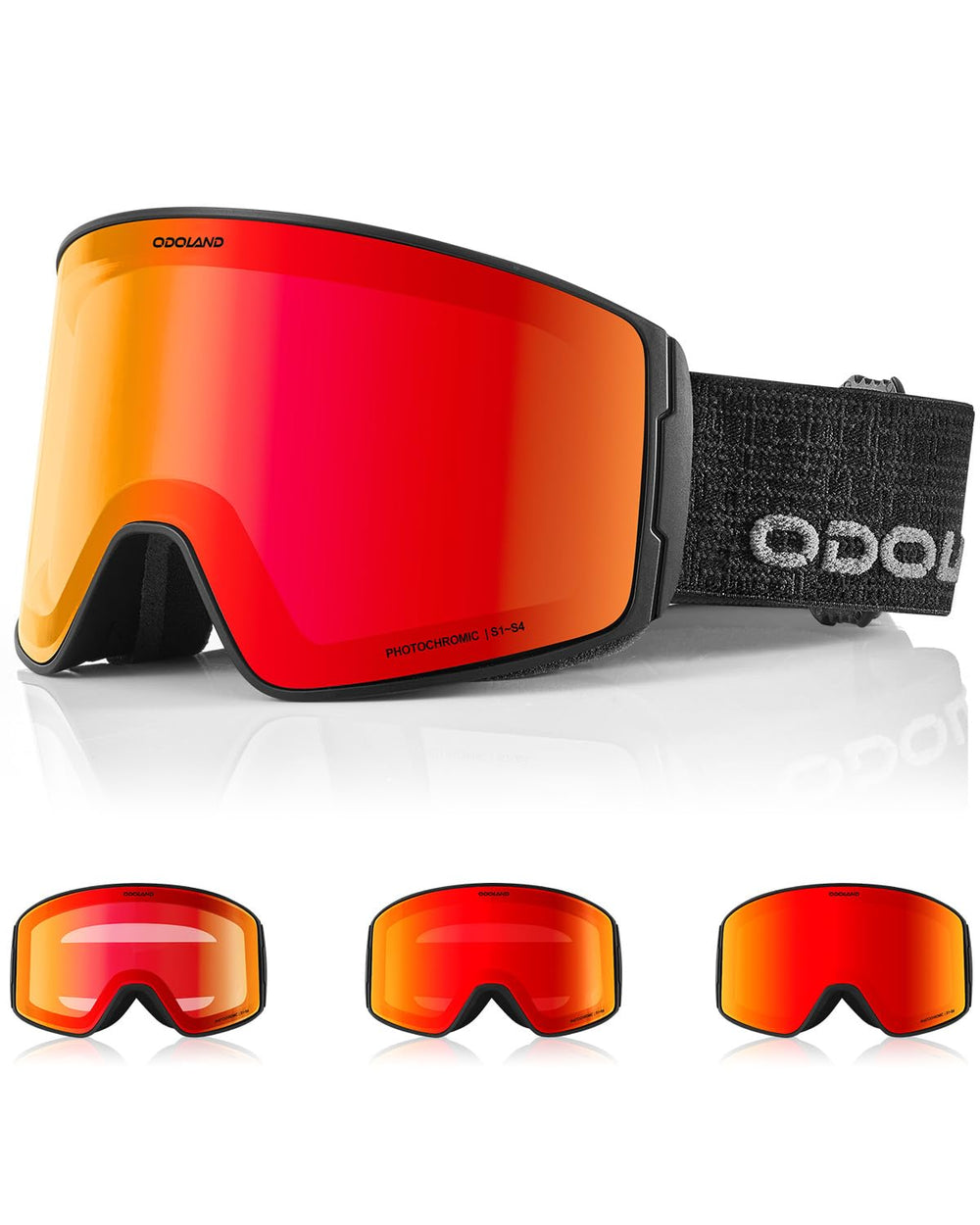 Odoland goggles front view showing full lens and frame, clear vision benefit