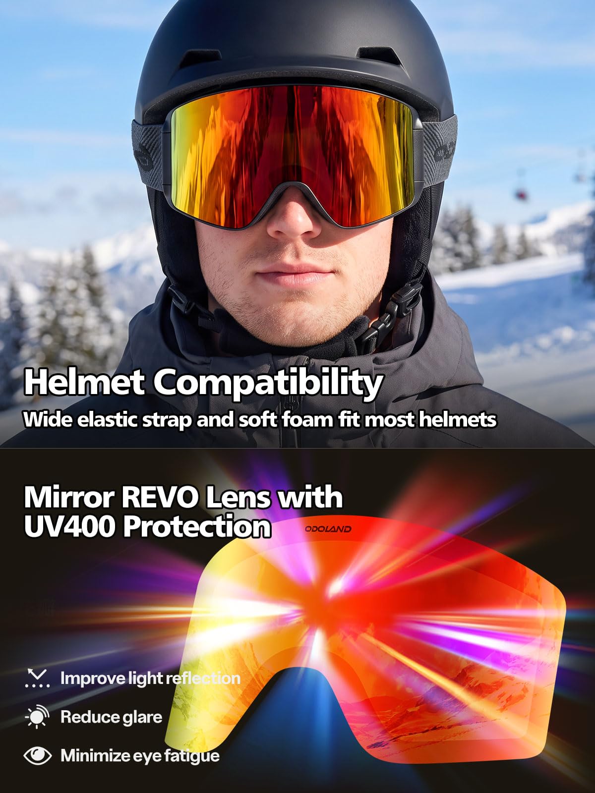 Odoland goggles worn on snowy slope showing secure fit and fog-free vision