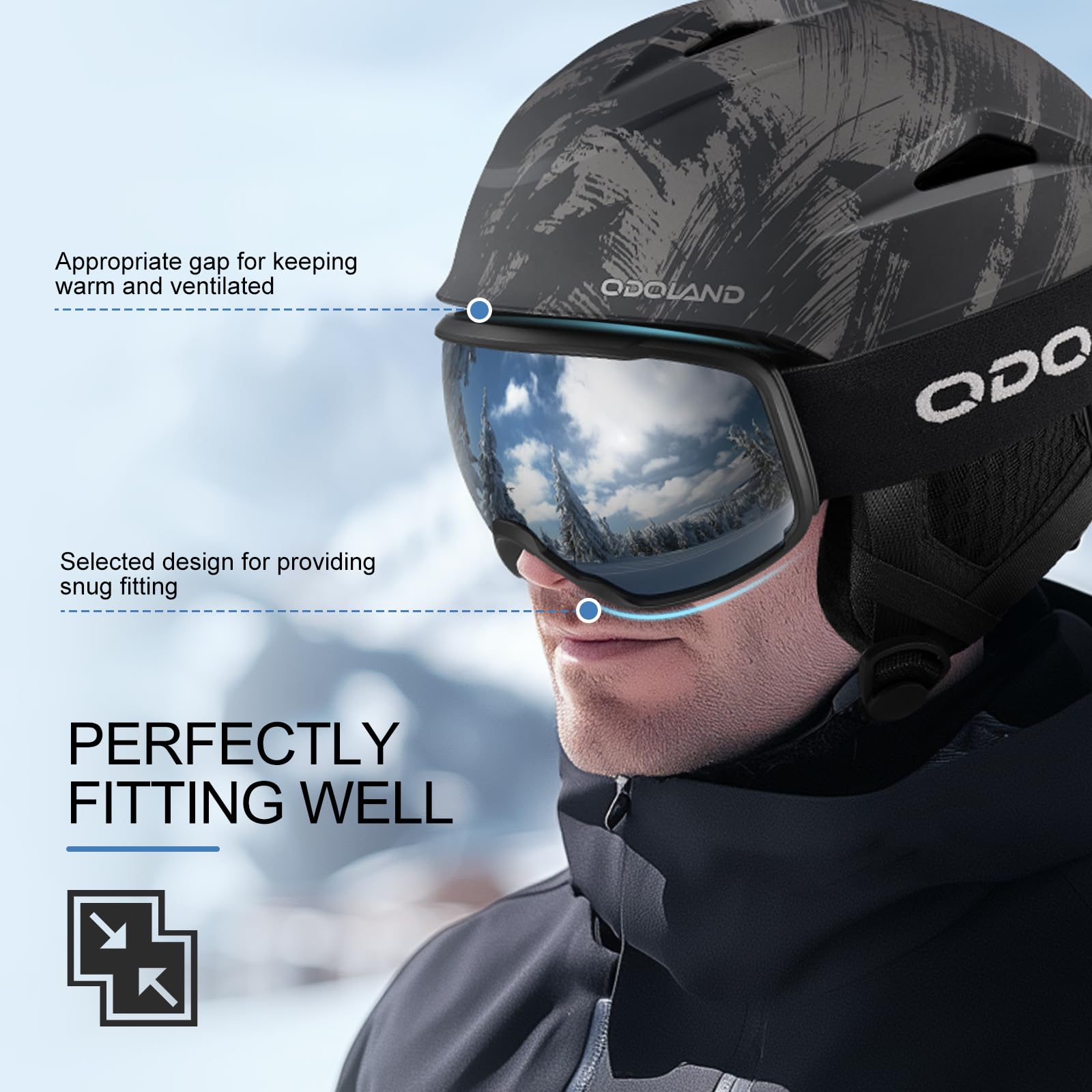 Person wearing Odoland helmet and goggles on slope showing secure performance benefit