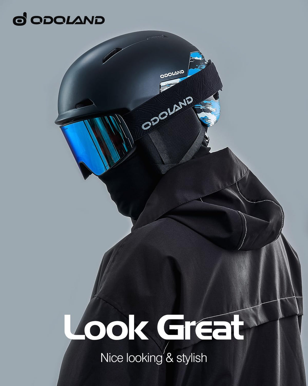 Odoland goggles paired with ski helmet showing seamless helmet compatibility benefit