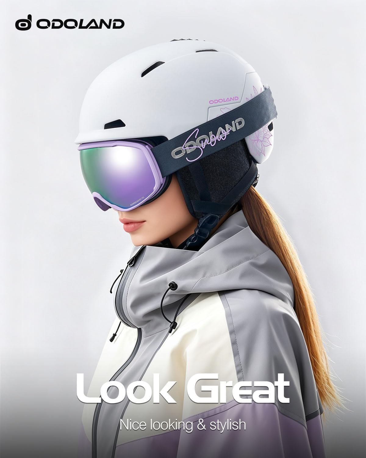 Odoland helmet side profile with goggles attached for secure eyewear fit
