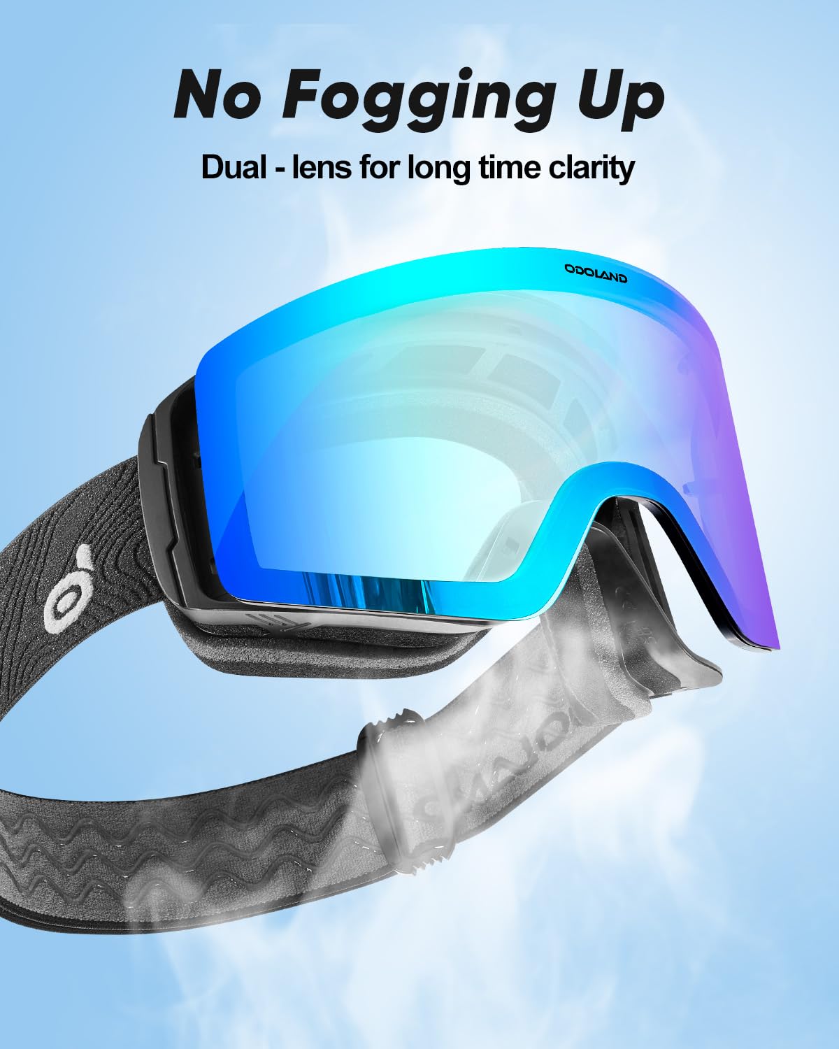 Odoland goggles worn on snowy slope showing clear vision and protection benefit