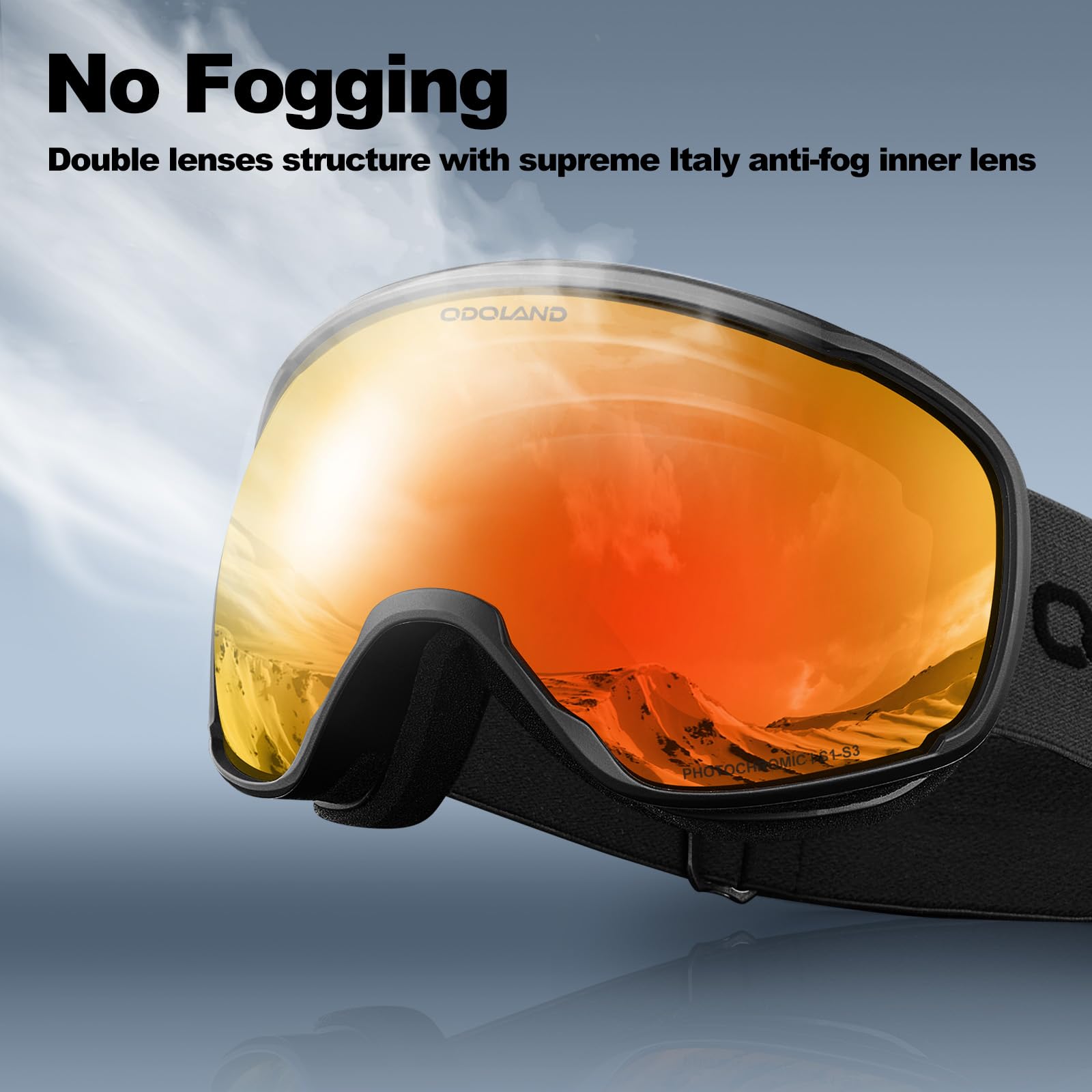 Odoland goggles in use on skier demonstrating clear vision and glare control