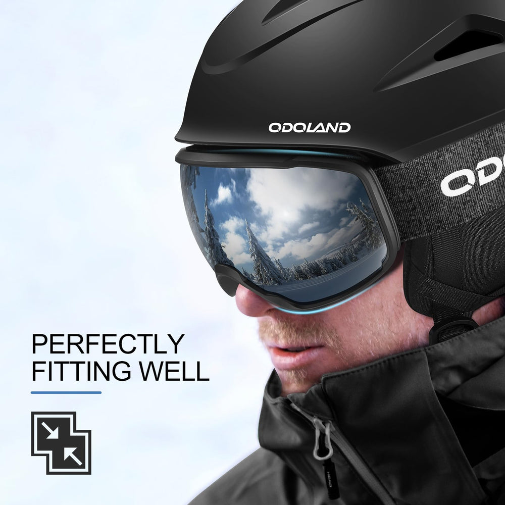 Odoland helmet and goggles on snowy slope showing real-world performance benefit