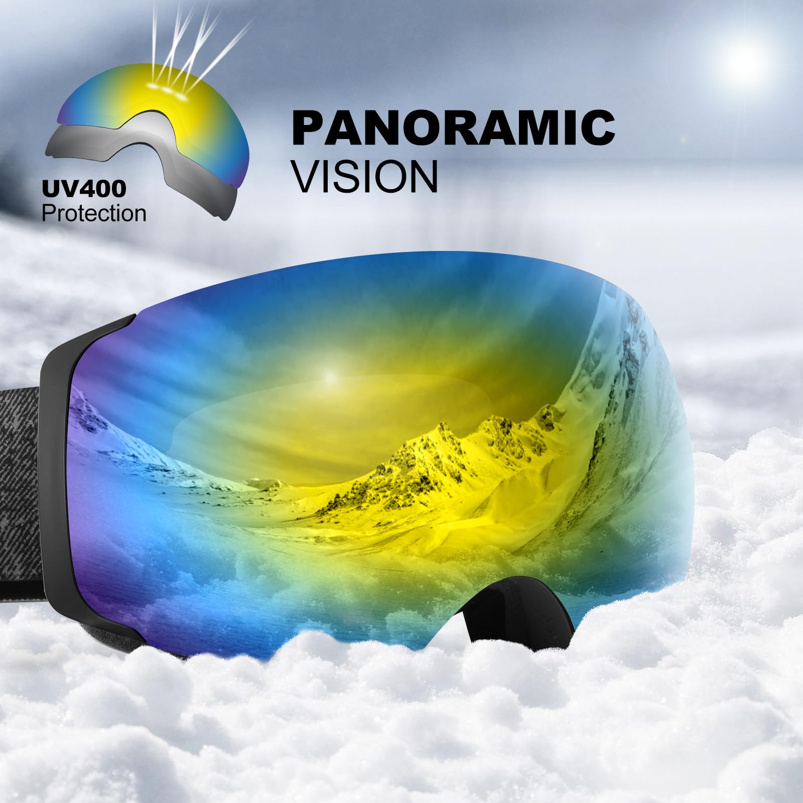 Odoland goggles on skier in snow demonstrating clear vision on slopes