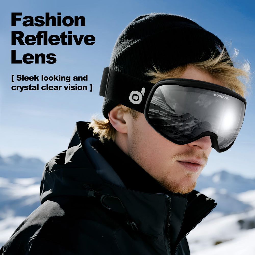 Odoland goggles worn by snowboarder on slope showing glare reduction benefit