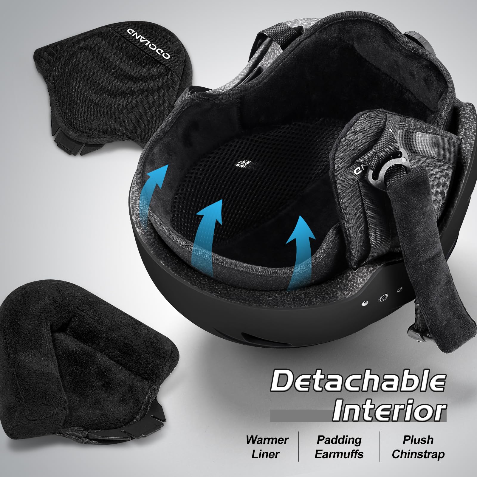 Odoland helmet beside gloves and beanie showing compact travel size