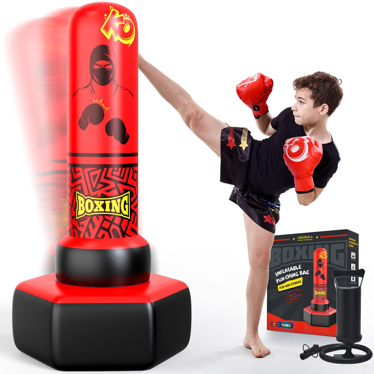 ODOSOLA front view of punching bag set showing box and contents, highlights complete kit