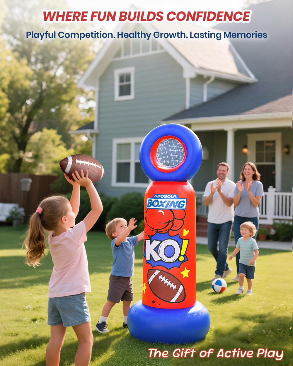 ODOSOLA included kids boxing gloves and two inflatable footballs ready to play