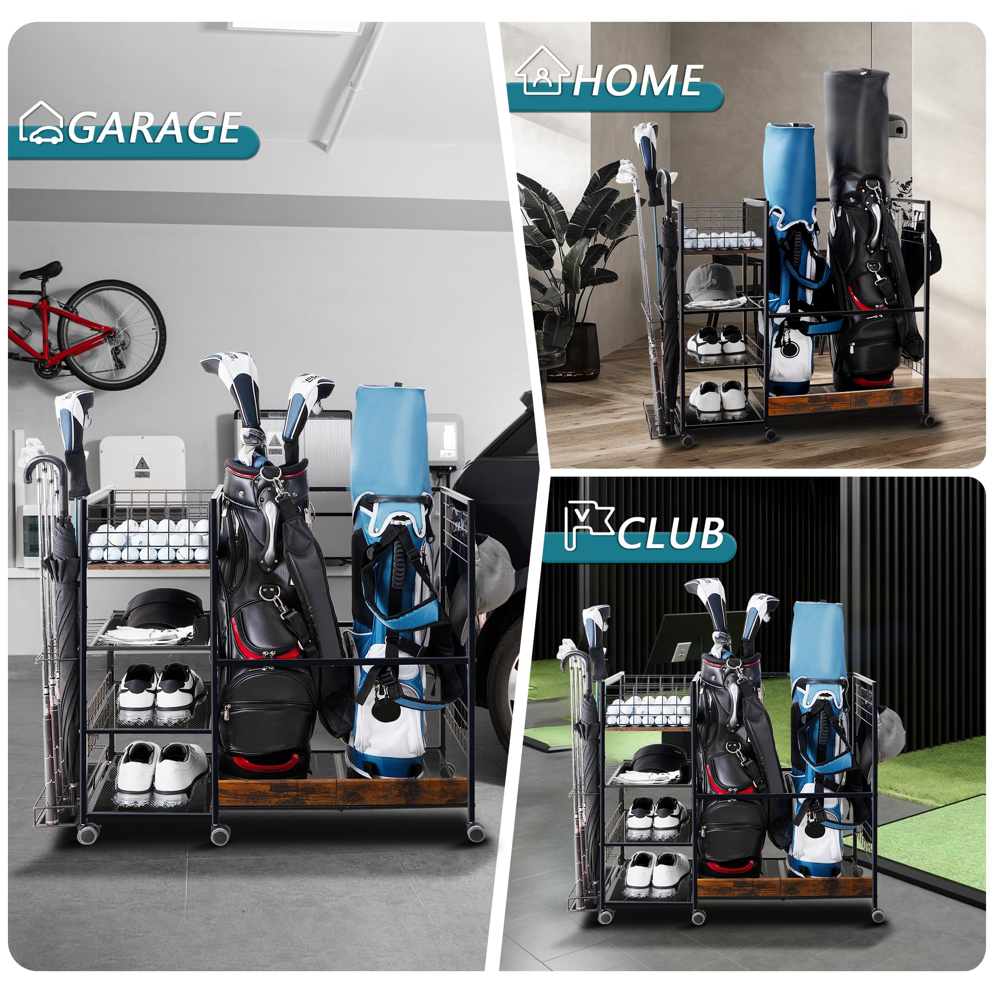 OEERDER organizer next to golf bags to show compact footprint and scale