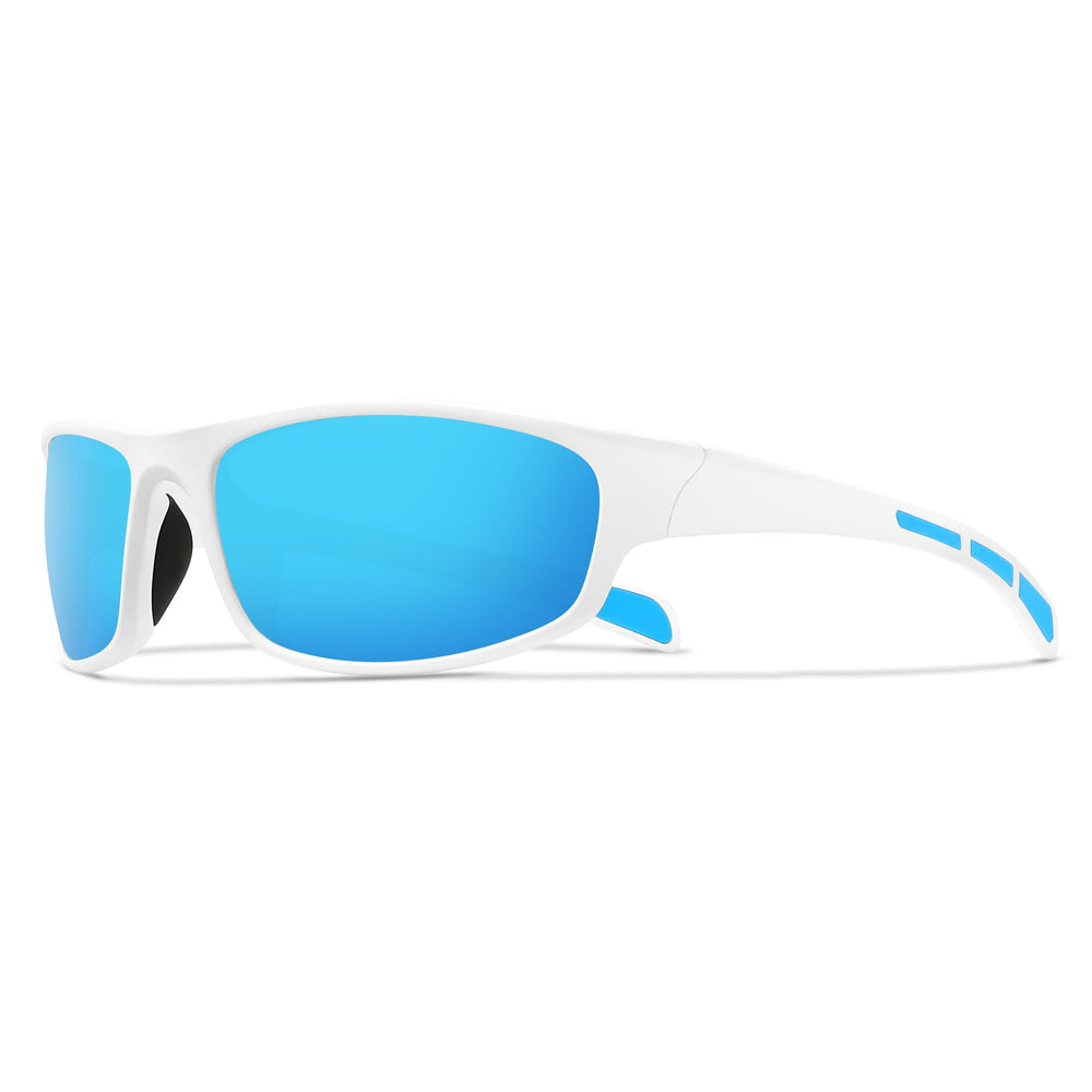 Ofwin front view white-blue mirrored sunglasses showing sporty look and glare reduction