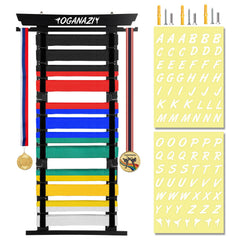 OGANAZI front view of full 12-belt display showing organized belts and medals