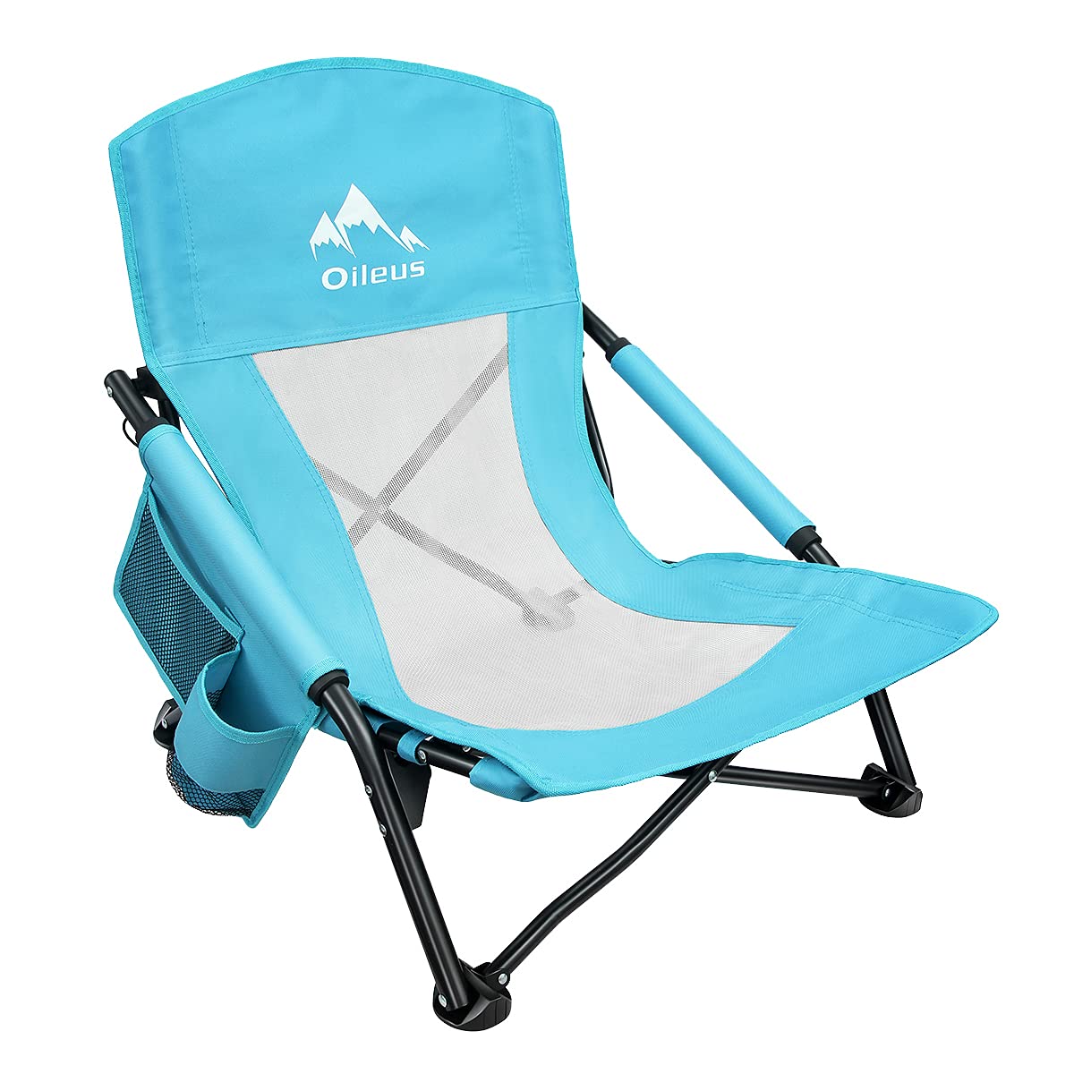 Oileus front view of low beach chair showing compact comfort and portability