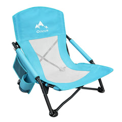 Oileus front view of low beach chair showing compact comfort and portability