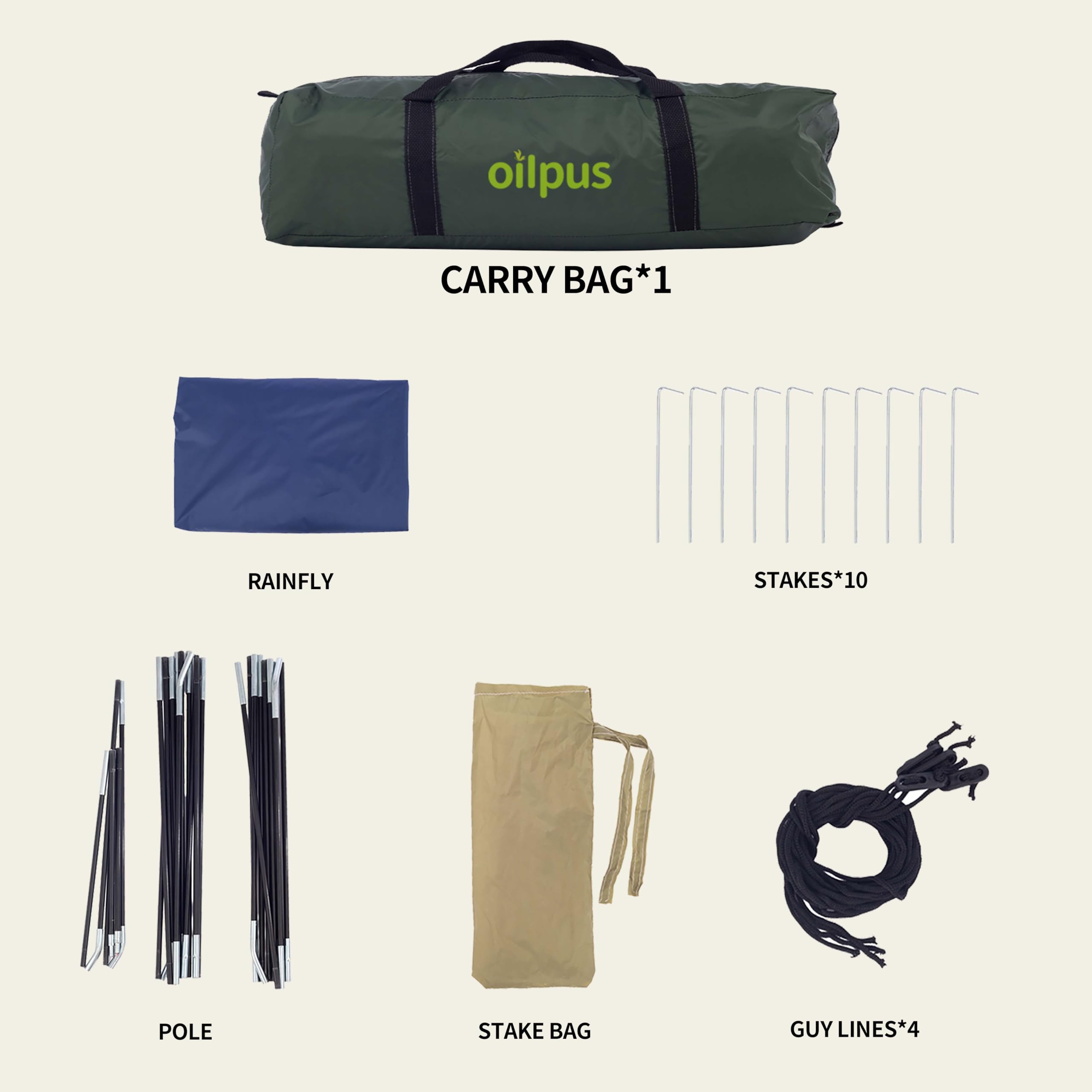 oilpus accessories laid out with stakes and guy lines for secure anchoring benefit