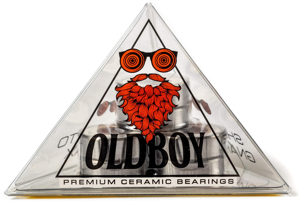 Oldboy ceramic bearings front packaging showing set of eight and included lube — durable performance
