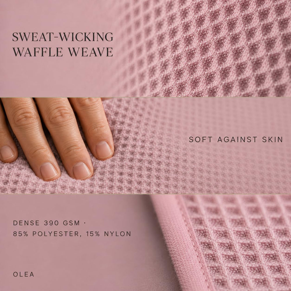 Olea towel on standard mat showing 72x24 size and full-edge coverage