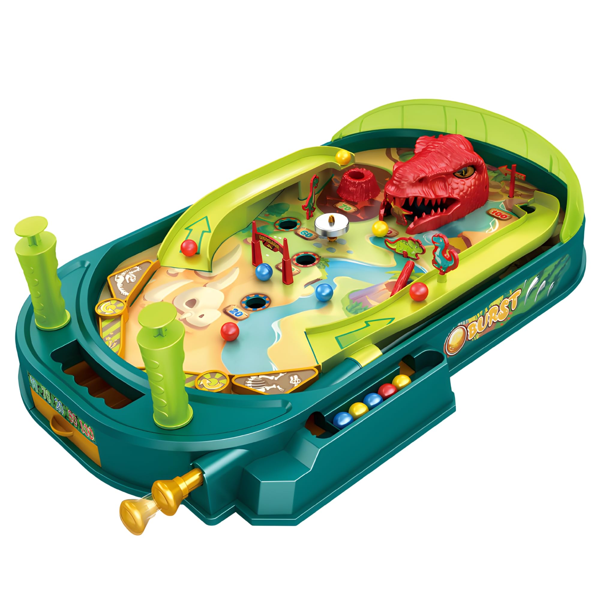 OLEOCA front view of dinosaur pinball board showing colorful artwork and playfield