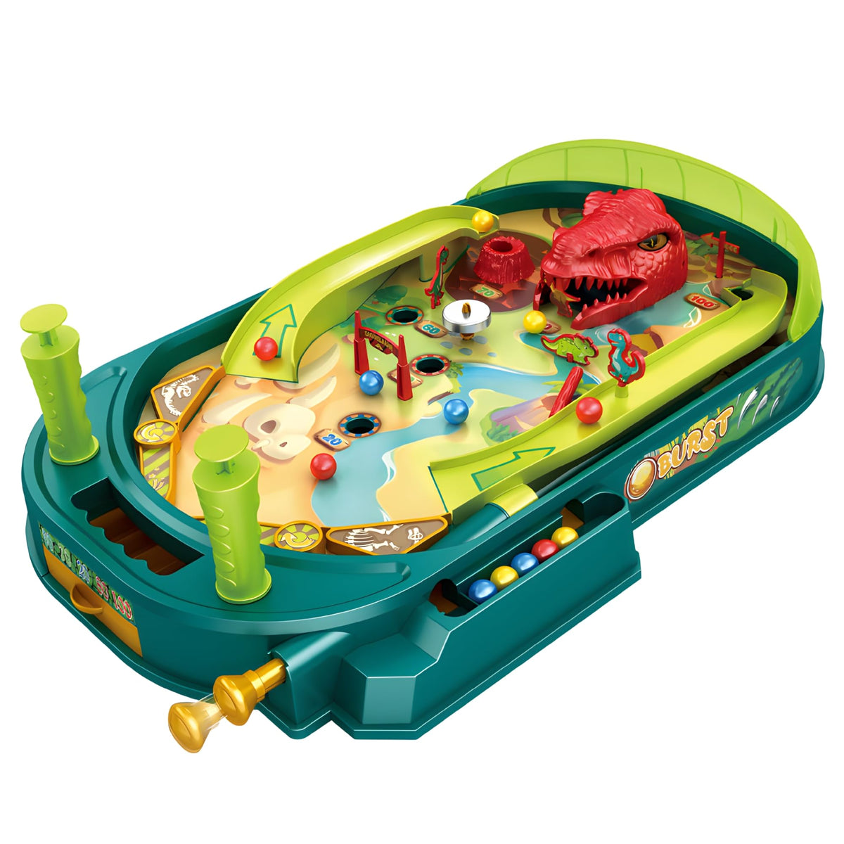 OLEOCA front view of dinosaur pinball board showing colorful artwork and playfield