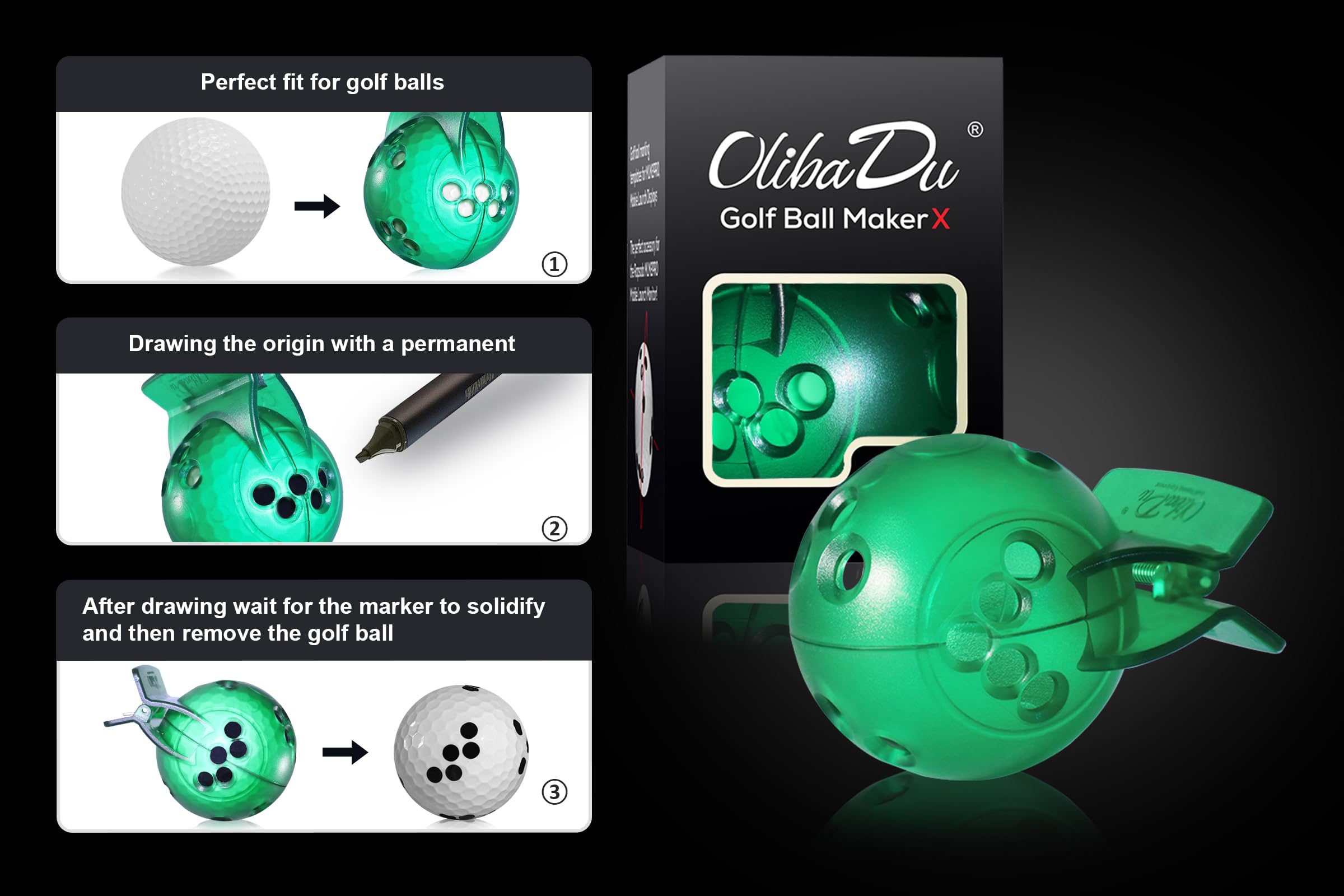OlibaDu template in use with pen marking a golf ball for reliable Rapsodo readings