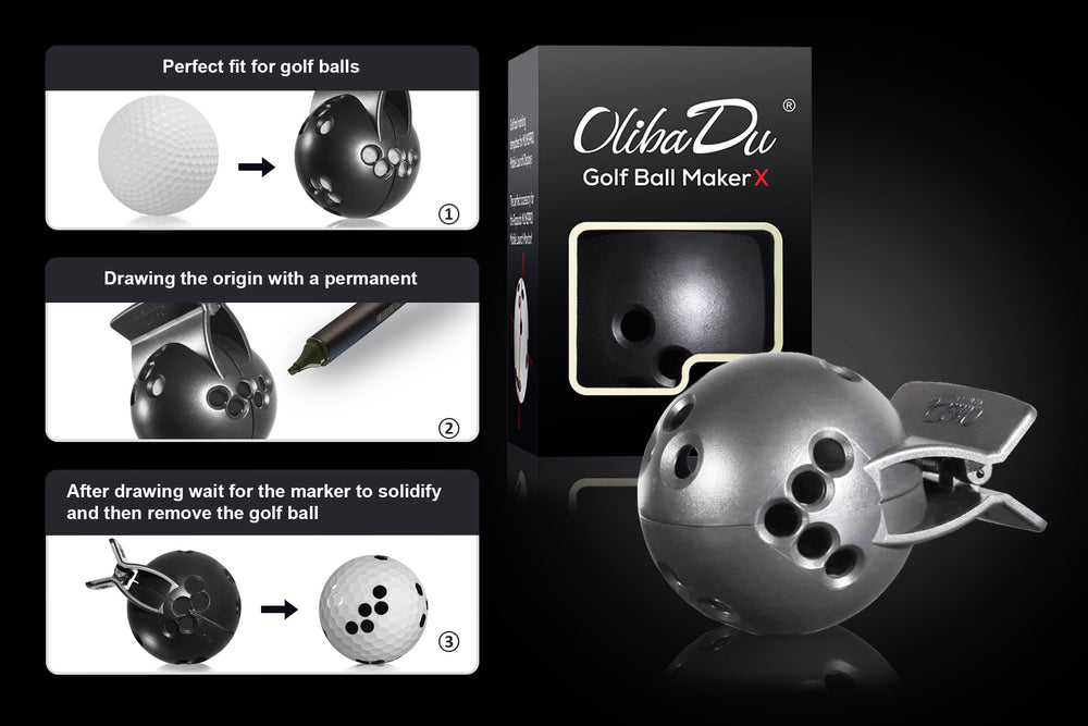 OlibaDu template in use marking a golf ball, enabling quick consistent reference dots