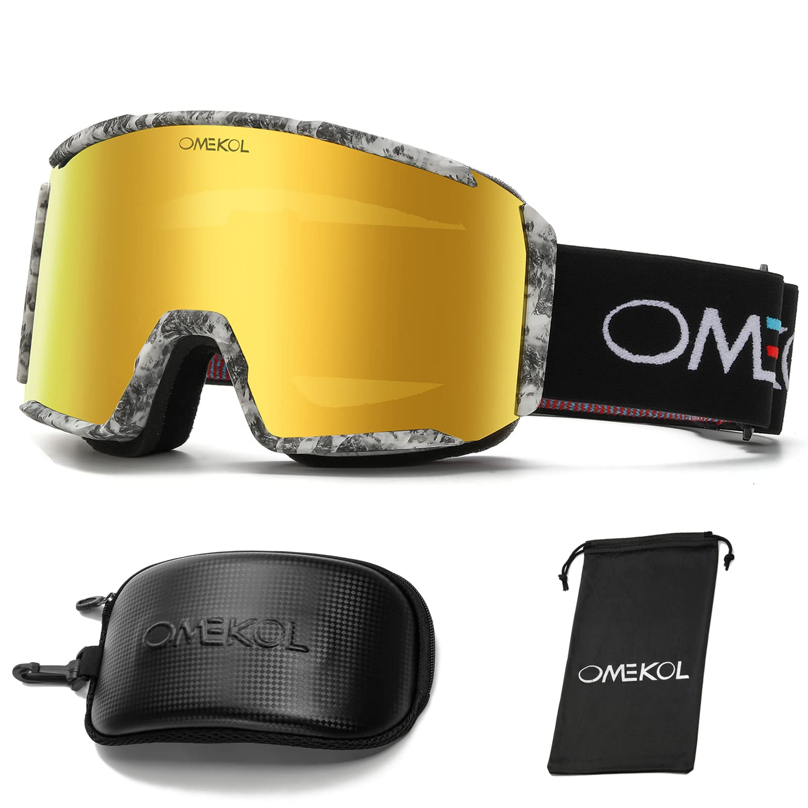OMEKOL front view of goggles showing wide field of vision and clear lens benefit