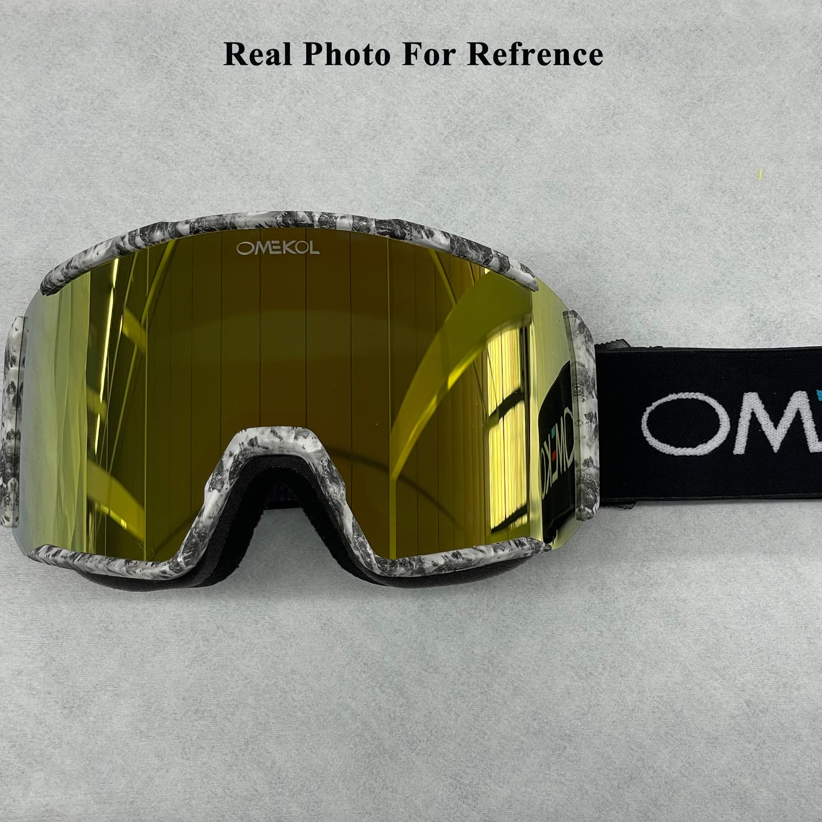 OMEKOL goggles worn by snowboarder in snow showing clear visibility and performance benefit