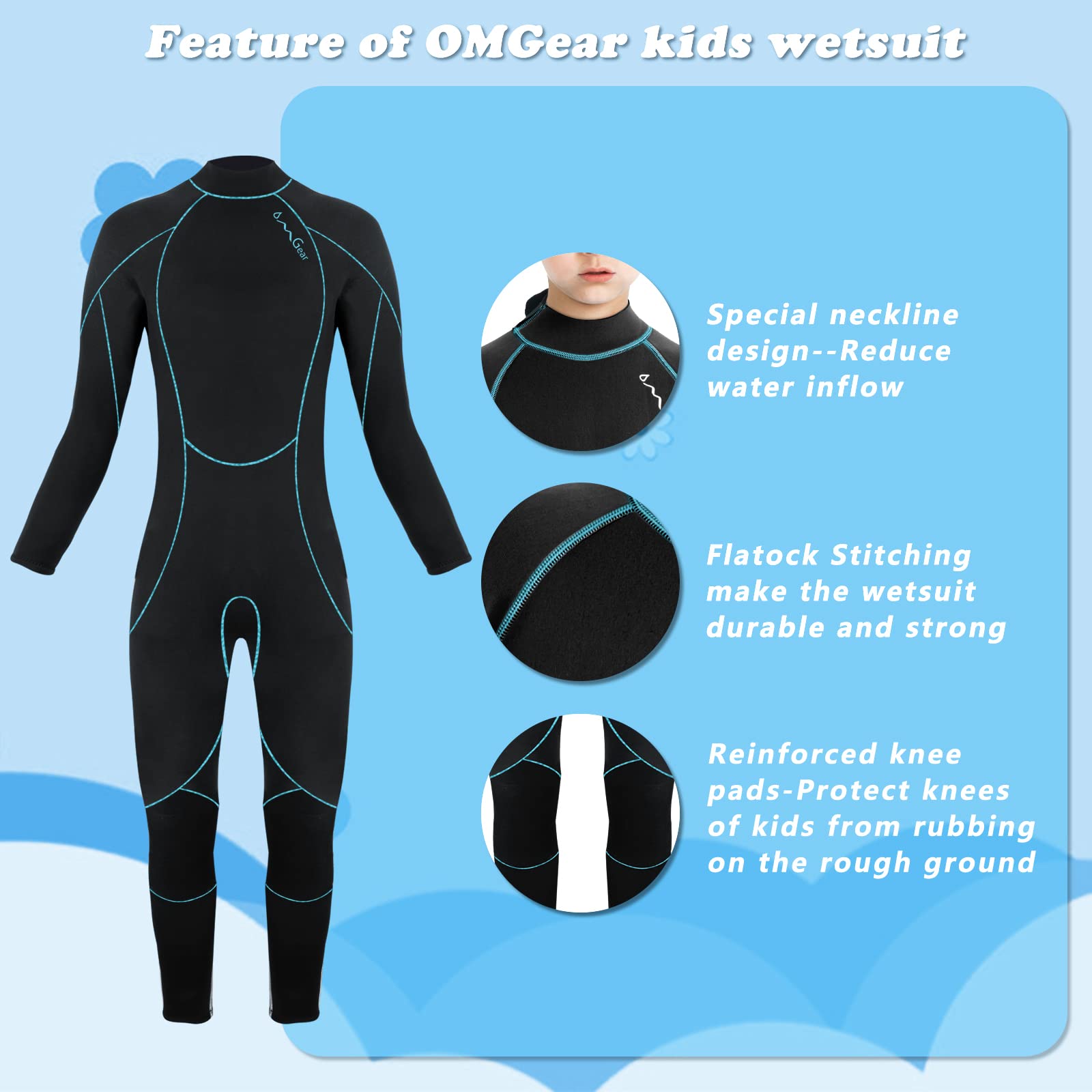 OMGear close-up of back zip on wetsuit for easy on-off convenience