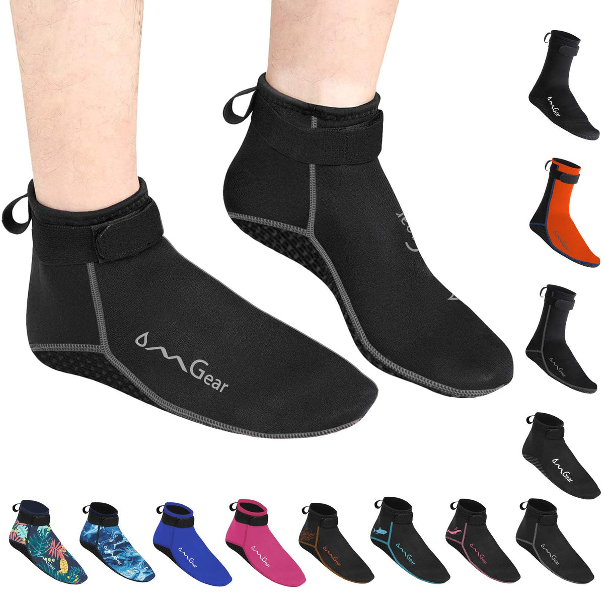 OMGear front view of grey low-cut neoprene water sock showing silhouette and fit, protects feet