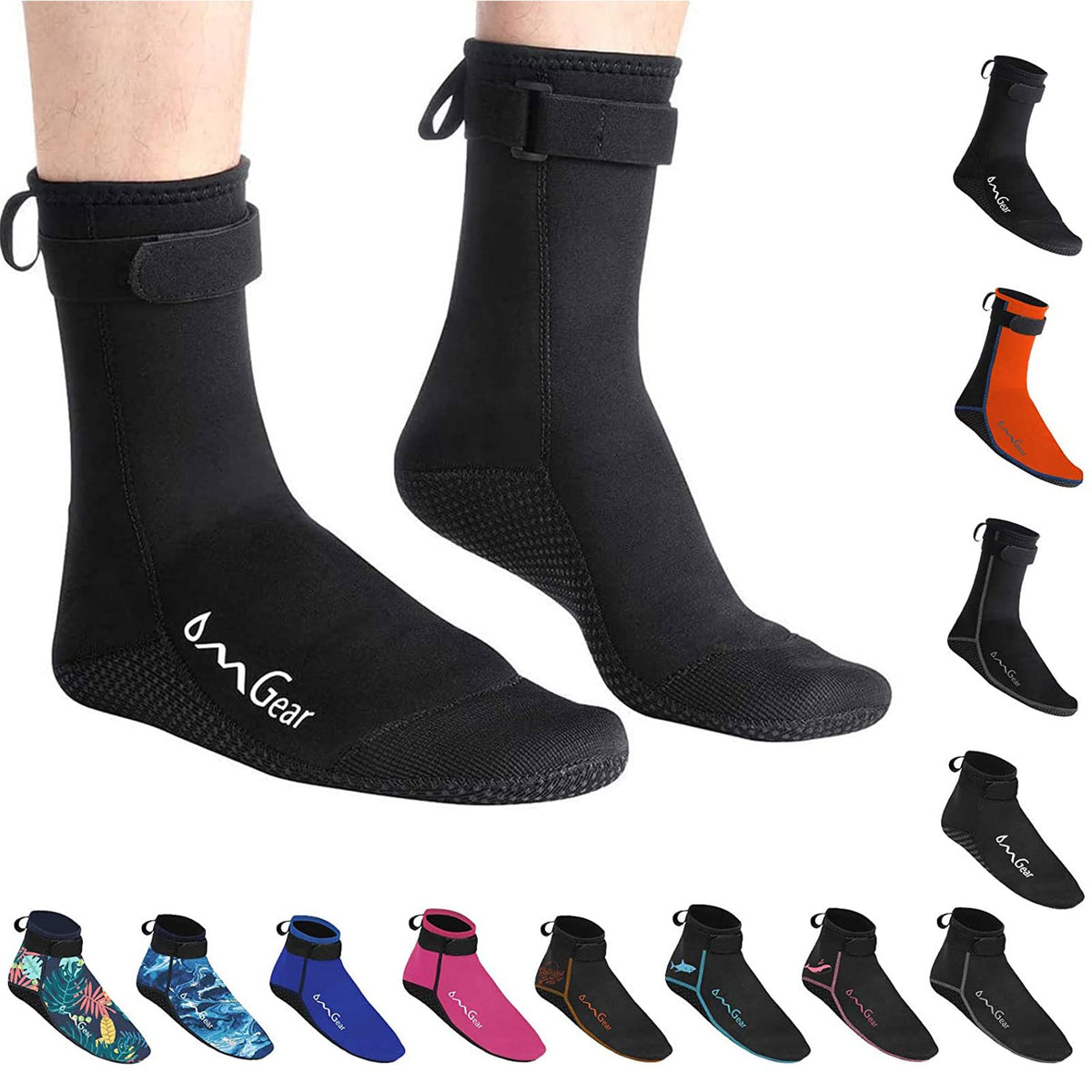 OMGear front view of black 3mm neoprene beach booties showing fit and finish — protective comfort