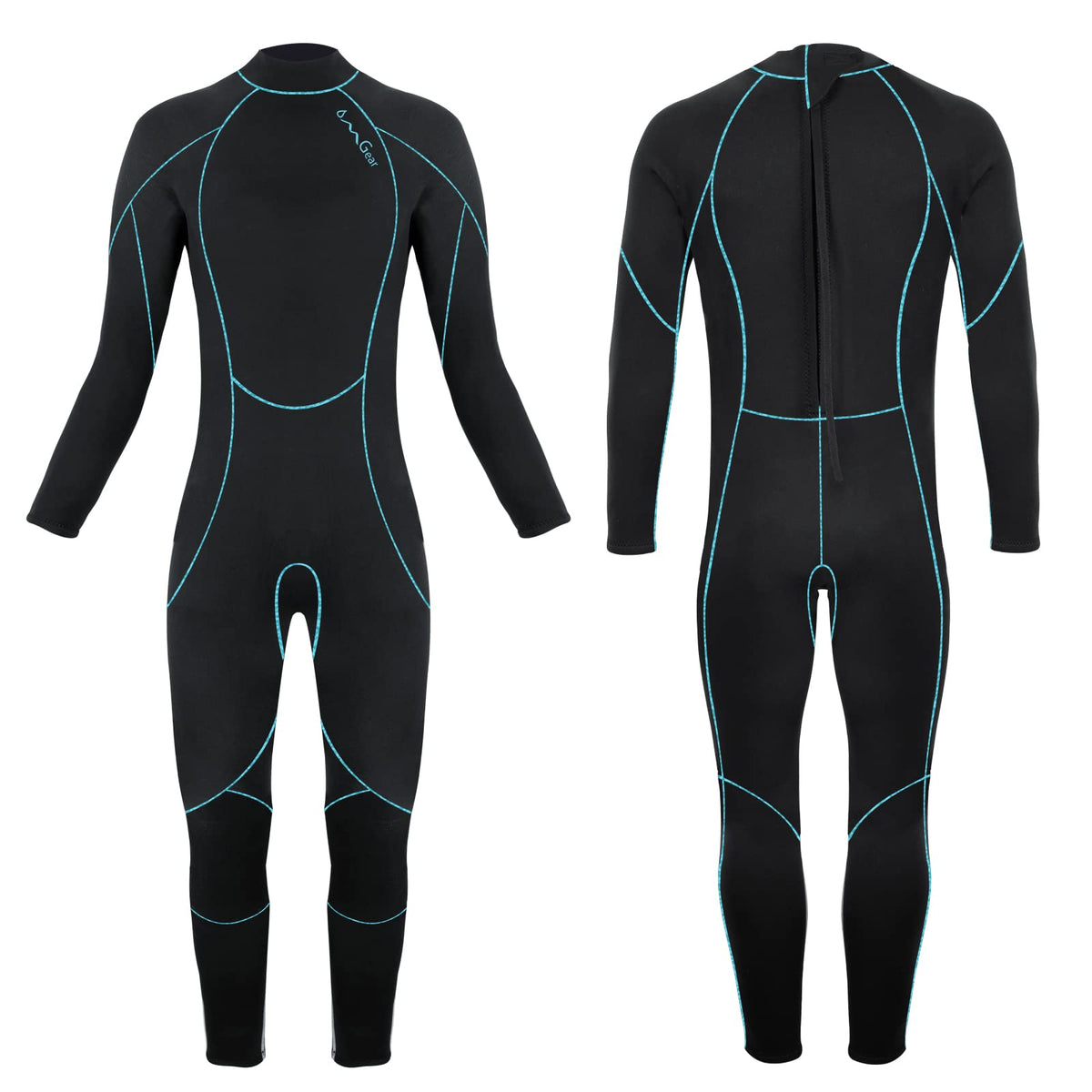 OMGear front view of black aqua kids wetsuit showing fit and visibility benefits