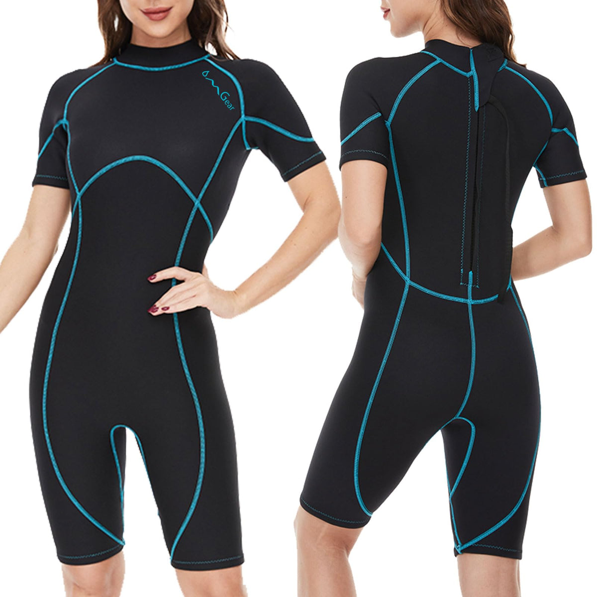 OMGear front view short wetsuit showing fit and coverage for warmth