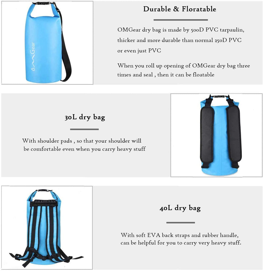OMGear dry bag in use on a kayak deck keeping gear dry during paddling